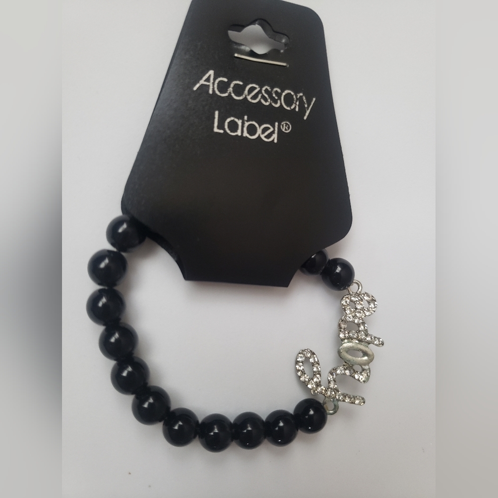 New Accessory label stretchy black beads with letters rhinestones bracelet